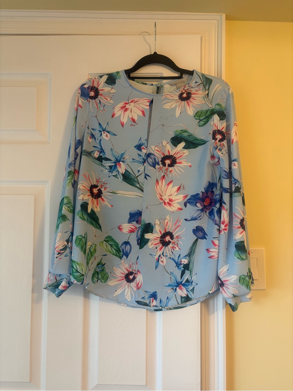 H&M Light Blue Floral Long Sleeve Blouse with Pink & Navy Accents